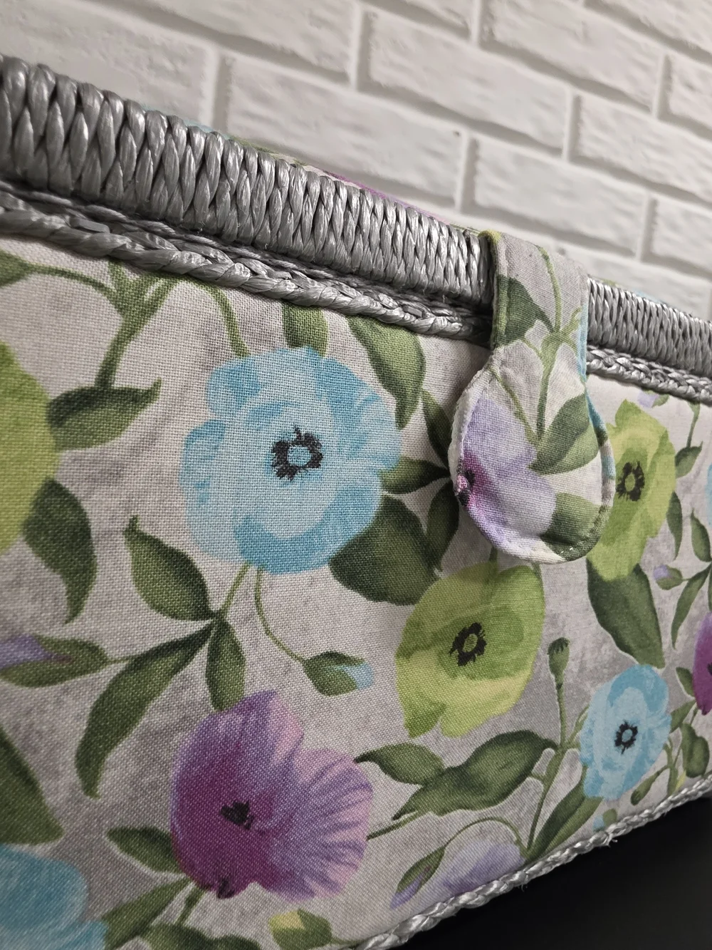 Floral Fabric Sewing Basket Rectangle Craft Organizer Box Gray Trim